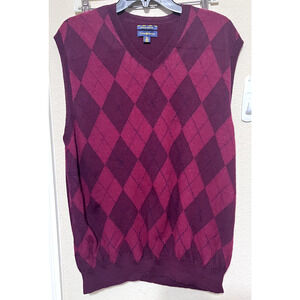 Club Room Vest 100% Wool Merino Sweater Argyle Knit Mens XL Burgundy Red Preppy